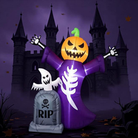 Décoration de jardin gonflable d'Halloween de 1,80 m avec tête de citrouille, squelette lumineux à LED, pierre tombale et accessoires de fête pour cimetière