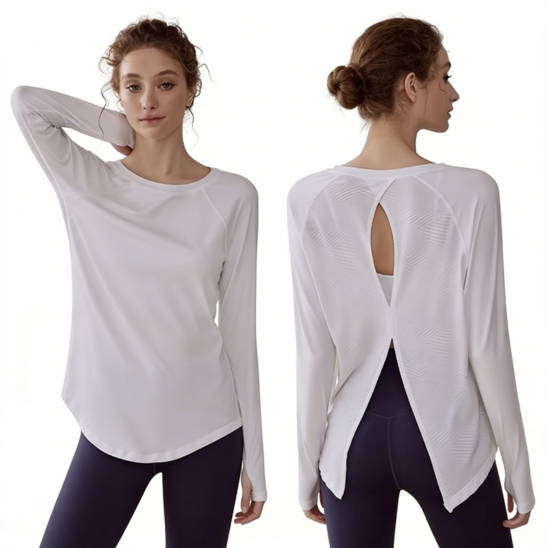 Women's Long Sleeve Stretchy Curved Hem Athletic Workout Top Back Keyhole Cutout and Breathable Mesh Oga, Gym, and Running Shirt