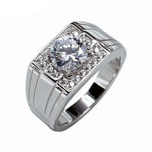 Anello di fidanzamento da uomo classico con gambo largo <span class=keywords><strong>solitario</strong></span> <span class=keywords><strong>diamante</strong></span> rotondo brillante da uomo in argento Sterling 925 - Product Image 1