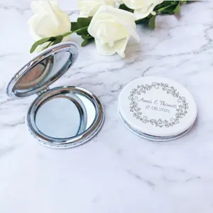 Personalized Compact Mirrors Wedding Favors White PU Leather Round Makeup Mirror Custom Name Pocket Mirror Wedding Guest Gift
