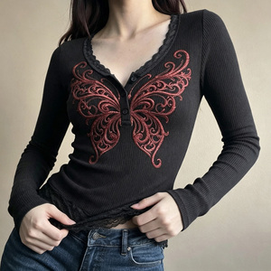 Top de Punto con Estampado de Mariposas y Encaje, Cuello en V, Botones al Frente, Estilo Y2K, Ajustado, Vintage, para Chicas Modernas - Product Image 4