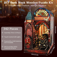 Hamaileon Puzzle Kayu Stasiun Kereta Ajaib Rak Buku Miniatur DIY Model Kit Kerajinan Gotik dengan Lampu LED Hadiah