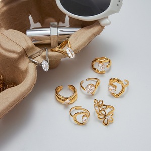 MW 18K placcato in oro moderno linee minimaliste doppio strato cavo geometrico zircone anello regolabile in acciaio inossidabile anelli di zircone - Product Image 5