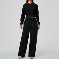 Ensemble de survêtement personnalisé pour femme : sweat à capuche court zippé à rayures latérales et pantalon large, 2 pièces, décontracté, chaud pour l'hiver, idéal pour le yoga et la gym