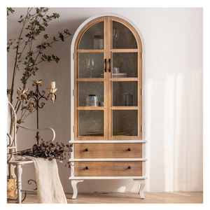 4 Shelf 2 <b>Drawer</b> Wooden Panel <b>Storage</b> <b>Cabinet</b> Farmhouse Rustic Arched Display Glass Door Eco-Friendly Living Room Hotel - Product Image 1