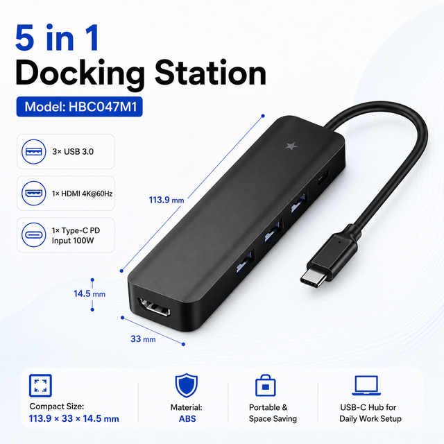 5-in-1 USB-C Docking Station, 3xUSB-A 3.0 5Gbps, HDMI 4K*60Hz, PD 90W Upstream + 100W Input, ABS Case for Laptop