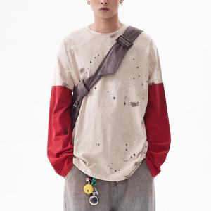 T-shirt Homme Manches Longues Style Urbain Effet Vieilli Patchwork Coton Haute Qualité Service OEM Logo Personnalisé Vente en Gros - Product Image 3