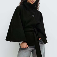 Manteau Cape Automne Hiver Femme Col Montant Boutonné Ceinturé Court Style Poncho Élégant Veste de Bureau pour Femme