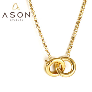 Ason Jewelry Interlocking Double Ring Pendant <b>Necklace</b> 18k Gold Plated Geometric Design Fashion <b>Statement</b> Piece - Product Image 1