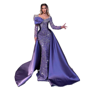 2-in-1 Satin Meerjungfrau-Abendkleid mit schwerer Spitze und Digitaldruck, Schmale Passform, Bodenlang, Natürliche Taille für Sommerpartys - Product Image 1