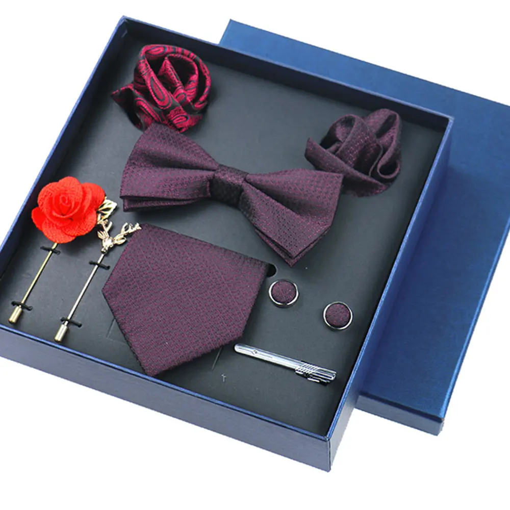 Seide Krawatten Taschen tücher Herren benutzer definierte Fliege Taschentuch Manschetten knöpfe Brosche und Pocket Square Burgund Krawatte Krawatte Set In Geschenk box