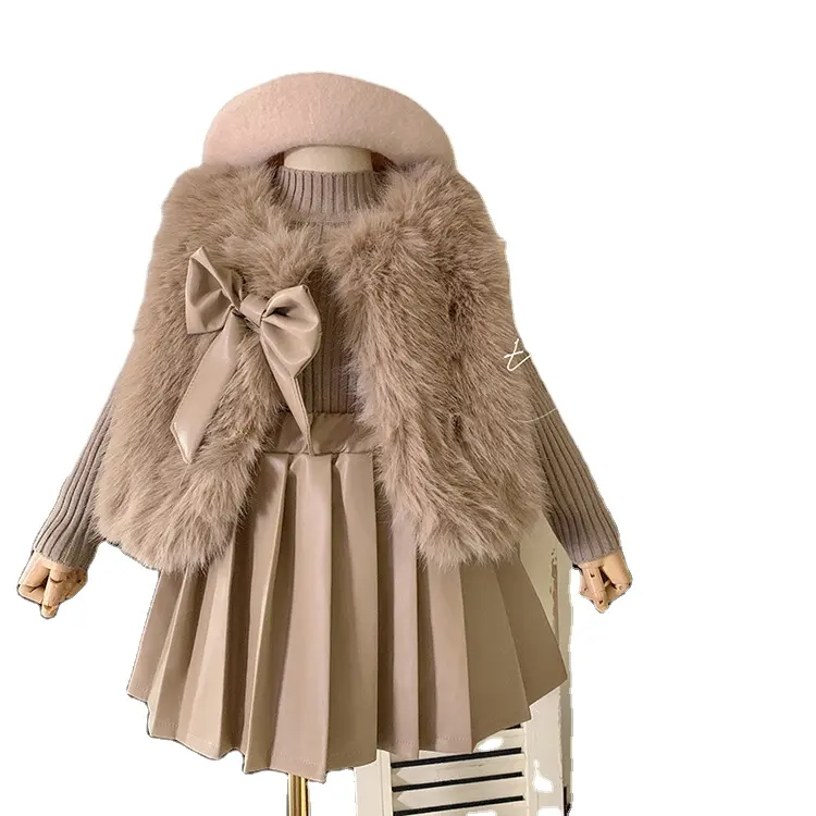 Ensembles de vêtements d'hiver pour filles Pull tricoté d'automne + gilet en fausse fourrure + jupe en cuir pelucheux Princesse Fête Vêtements pour enfants 2-7Y