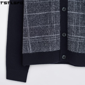 Cut And Sew Checked Wool V Neck <b>Cardigan</b> Men Charcoal Windowpane <b>Navy</b> Trim Streetwear Men'S Sweaters Manufacturers Bulk - Product Image 6