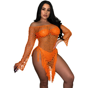6 couleurs STOCK hors épaule évider Bikini fait à la main Crochet plage couvrir franges voir à travers imprimer 100% Polyester artisanat - Product Image 3
