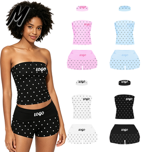 Ensemble 2 pièces pour femmes, haut sans bretelles à imprimé pois en coton, short taille haute, logo personnalisable, vêtements décontractés sportifs pour tous les jours, été - Product Image 1