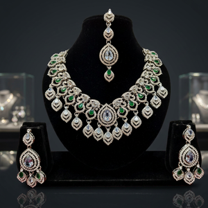 Indian Bridal Wedding Silver Plated CZ Choker Necklace <b>Set</b> Emerald Green White Cubic Zirconia Heavy Earrings Mang Tika High - Product Image 3
