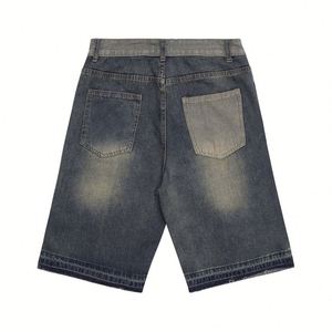 Shorts en jean décontractés à la mode, fabriqués sur mesure, effet délavé, couleur contrastée, ourlet retroussé, respirant, coupe ample, jean droit, été - Product Image 2