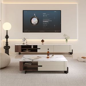 Set di <span class=keywords><strong>Tavolino</strong></span> da Caffè Rettangolare <span class=keywords><strong>Basso</strong></span> e Mobile <span class=keywords><strong>TV</strong></span> in Legno con Piano in Marmo di Lusso Moderno per Soggiorno e Camera da Letto con Cassetti, Design Unico - Product Image 5