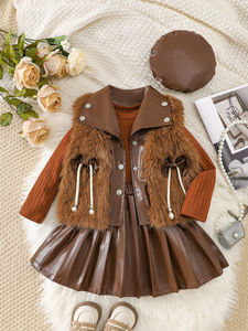 Completi Eleganti da Bambina per Autunno Inverno 2025 con Gilet in Pelliccia, Top a Maniche Lunghe, Gonne Plissettate in PU e Cappello, Set da 4 Pezzi di Abbigliamento Boutique per Bambini - Product Image 3