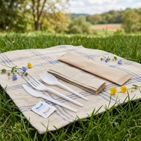 Ensemble de couverts jetables en CPLA avec serviette, couteau/fourchette/cuillère, couleurs et logo personnalisés, certifié DIN/BPI/OK