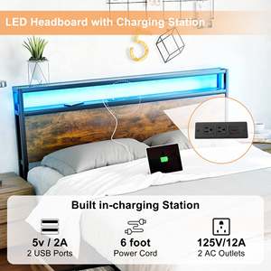 AJUNION <span class=keywords><strong>Lit</strong></span> industriel en bois et métal Cadre <span class=keywords><strong>de</strong></span> <span class=keywords><strong>lit</strong></span> plate-forme Queen Size avec lumière LED Station <span class=keywords><strong>de</strong></span> charge USB Tête <span class=keywords><strong>de</strong></span> <span class=keywords><strong>lit</strong></span> à 4 tiroirs <span class=keywords><strong>de</strong></span> rangement - Product Image 3