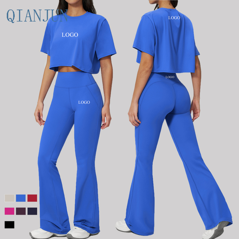 Wholesale High Quality Outdoor Gym Baggy Top High Waist Flared Leggings 2PCS Yoga Set Gym Fitness Women Yoga Sets