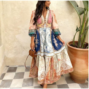 Retro Print Ethnic Style Long Puff Sleeve Women's Vacation <b>Dress</b> V Neck <b>Elastic</b> Waist Polyester Fiber Casual <b>Dress</b> - Product Image 4