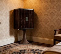 Meuble bar haut de gamme avec finition ébène foncé, étagères en verre intégrées pour un divertissement à domicile de luxe, armoire à vin