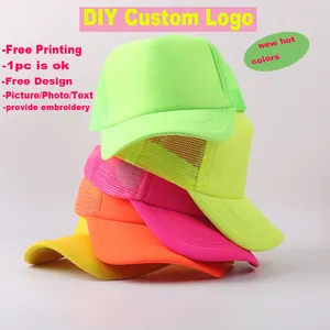 Unisex Sublimation Blank Mesh Baseball Cap Foam Neon Fluorescent Mesh Trucker Custom LOGO