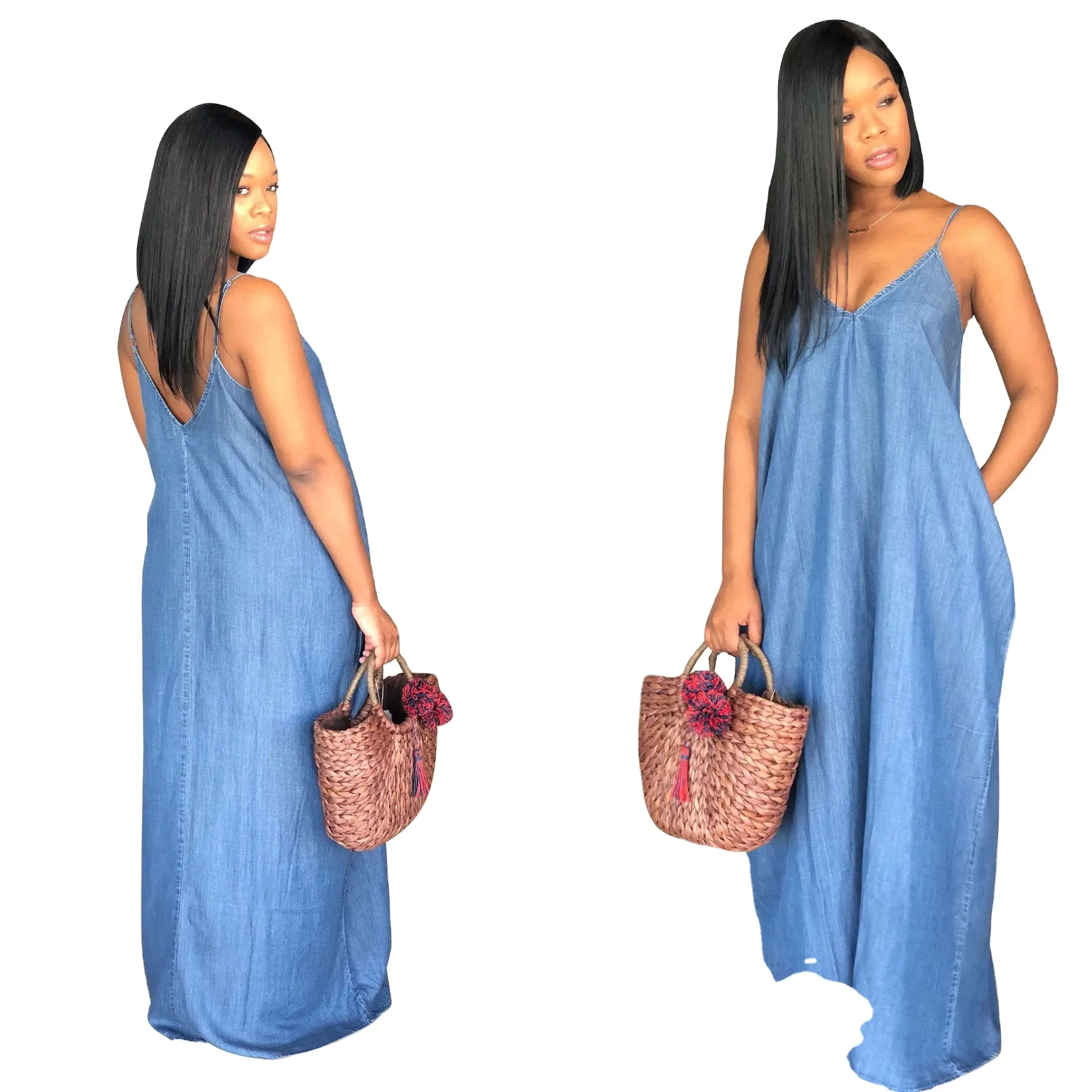 2024 Plus Size Summer Long Denim Maxi Dress Women Jean Ladies Sleeveless Casual Backless Dresses