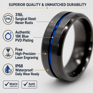 Anello Nuziale Impermeabile <span class=keywords><strong>in</strong></span> <span class=keywords><strong>Acciaio</strong></span> <span class=keywords><strong>Chirurgico</strong></span> 316L, 6mm, Finitura PVD Nera Spazzolata con Bordi Smussati Lucidi, 1 Scanalatura Blu - Product Image 2