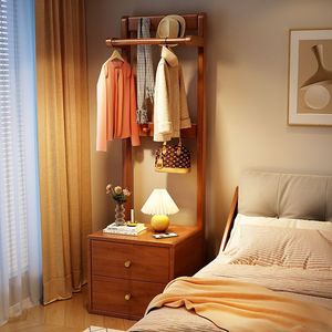 Solid Wood Coat Rack With <b>Bedside</b> <b>Table</b> Integrated Floor Standing Clothes Rack For <b>Small</b> Bedroom Modern Simple Design Walnut - Product Image 1