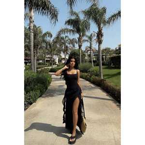 Robe de soirée longue noire Astrid avec fente, taille empire, style fourreau droit, ornée de perles et de strass, en polyester, pour soirée, tailles XS-XL - Product Image 2