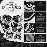 Patchs brodés thermocollants et à coudre : Crâne gothique, Couteau à cigarette, Rose, Tarot, Œil pleurant, Flamme