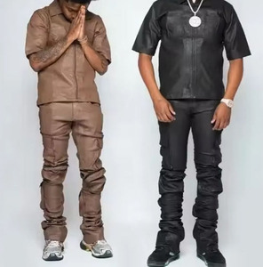 Streetwear personnalisé logo brodé fermeture éclair vestes en cuir PU chemises et pantalons évasés empilés <span class=keywords><strong>Wwo</strong></span> pièce ensemble hommes survêtements en cuir - Product Image 2