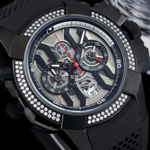 Reloj de Lujo Rojo y Negro para Regalo de Navidad, Bisel Negro con Diamantes, Cronógrafo Esqueleto, Correa de Goma Negra, Reloj de Pulsera para Hombre - Product Image 3