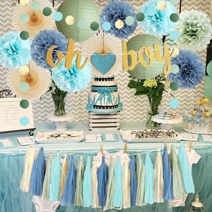 Decoraciones para Baby Shower en Azul Polvoriento y <span class=keywords><strong>Verde</strong></span> Salvia, Banner 'Oh Boy', Pompones de Papel de Seda Beige Claro, Abanicos, Kit de Guirnaldas con Borlas Crema - Product Image 3
