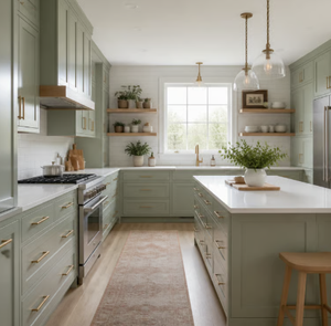 Armoires de cuisine en bois massif vert foncé sur mesure, style américain, ensemble d'armoires de cuisine avec îlot central pour villa - Product Image 5