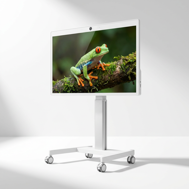 32 Inch LED Backlit White Portable Smart TV Android 15 Touch Screen Floor Standing Monitor 27000mAh Battery 4 Wheel Rolling