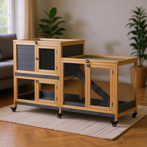 Nichoir surélevé en bois gris pour lapins, maison d'intérieur avec porte verrouillable et plateau anti-fuite, mobilier moderne - Product Image 2