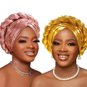 Women African aso oke auto gele headtie Nigerian Wedding Gele Braid Turbans Ladies Headwraps