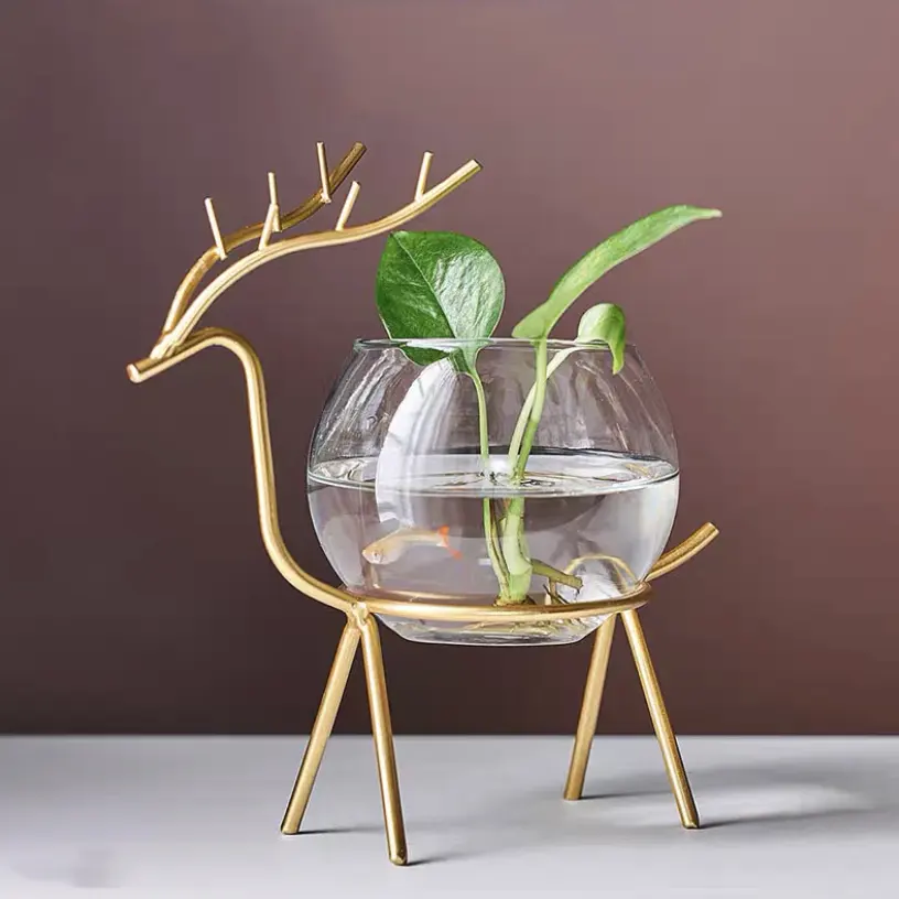 ミニマリストリビングルームダイニングテーブルゴールドスタンド植物ラウンドガラス花瓶装飾グリーンディルガラス植物ホルダーウェアモダン