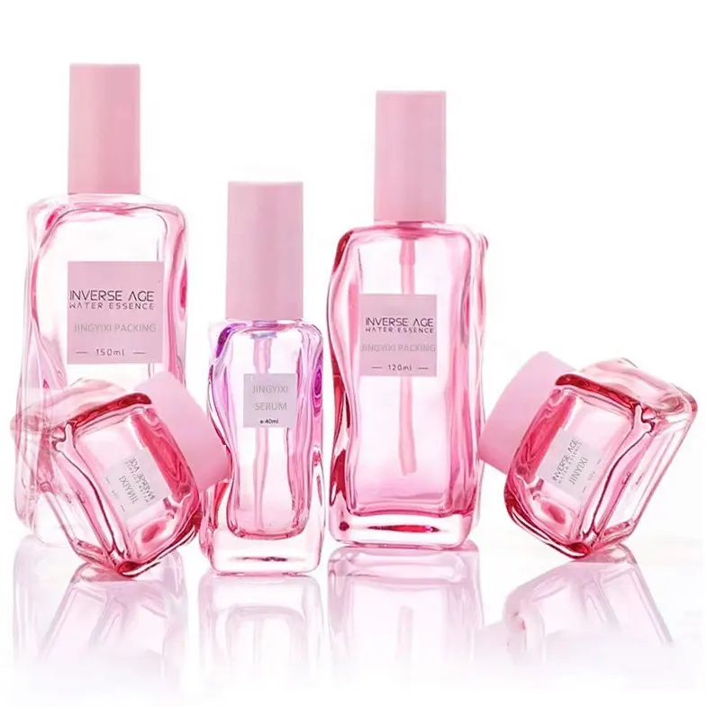 Ondas convexas 50g 40mL 4 Oz 5Oz Skincare Pink Glass Loção Soro Essência Garrafa com bomba de plástico