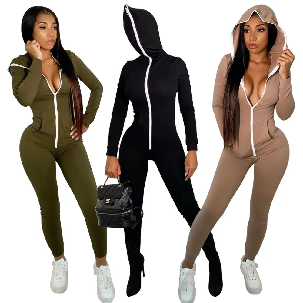 Fashion Ribbed Bodysuits for Women One Piece Jumpsuit and Romper Set Woman bodysuit fall zip-up hoodie Jumpsuit