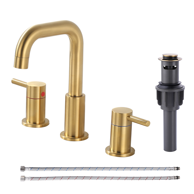 Brushed Brass Gold Bathroom Faucet with Drain and cUPC Supply Lines,2 Handle 3 Hole 8 Inch Widespread Vanity Sink Faucet