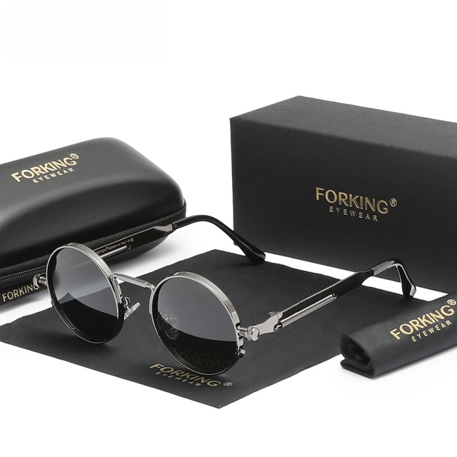 FORKING Hot Selling Fashion High Quality Gothic Steampunk Sunglasses Polarized Vintage Round Frame Sun Glasses 7579