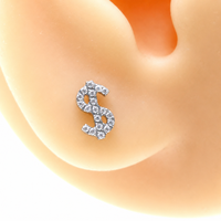Piercing d'oreille en titane ASTM F136 avec signe dollar et zircon cubique, filetage interne M0.9, dos plat, style Hip Hop Streetwear, pour un look personnalisé et affirmé