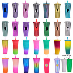 Promotional Custom Gradient Plastic Drinkware Accessories Bow Water Bottle Plastic Coffee Frosted Cups with Lids and Straws
