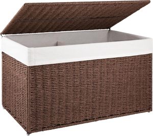 Panier <span class=keywords><strong>de</strong></span> rangement pliable en corde <span class=keywords><strong>de</strong></span> papier 65L-105L avec couvercle, panier à <span class=keywords><strong>linge</strong></span>, panier à couvertures avec doublure amovible séparée - Product Image 1