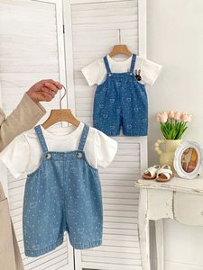 Verano bebé Denim Bib Shorts Neonatal oso conejo estampado Top Set alta calidad ropa de bebé Pantalones - Product Image 2